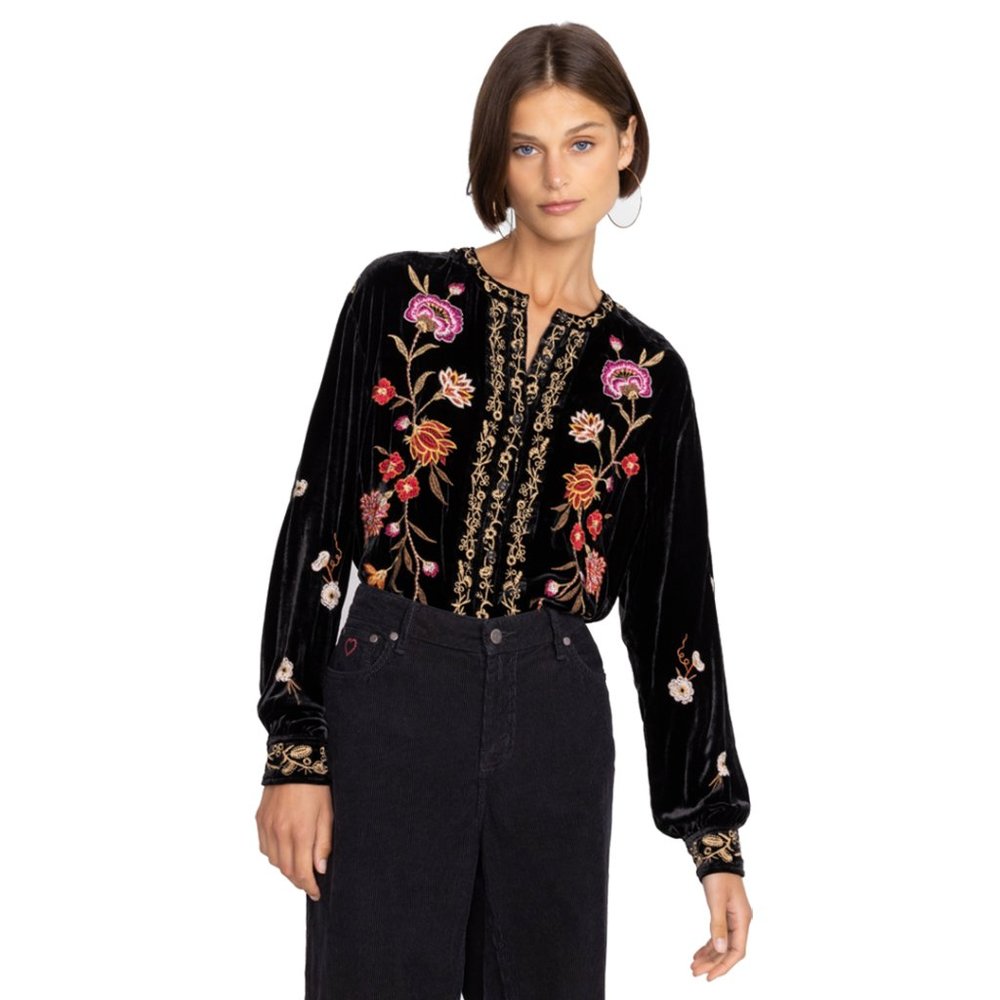 Johnny Was Quinn Velvet Mandarin Shirt Long Sleeves Embroidered Top Black NEW